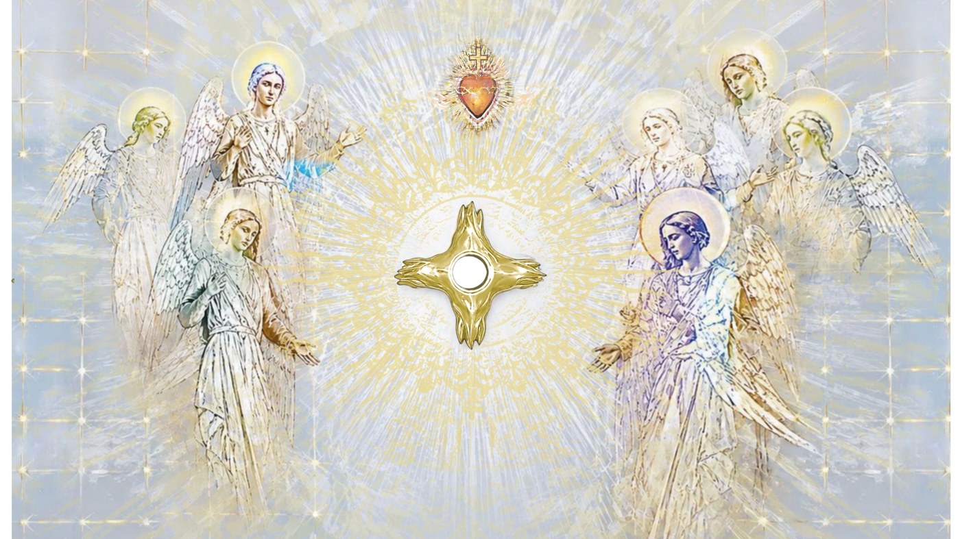 Adoračná grafika s Eucharistiou a anjelmi